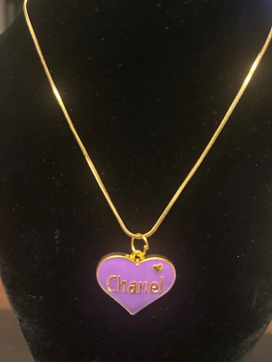 The Unbranded Brand Jewelry - Gold-Tone Necklace with Lavender Heart Pendant - Chanel Logo Accent
